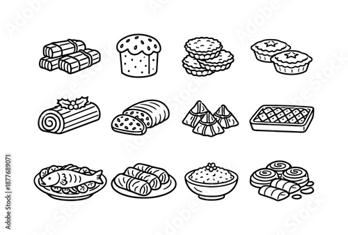 Festive Food Icons. Holiday feasts. Line icon set of international holiday foods: tamales, panettone, latkes, mince pies, yule log cake, stollen bread, rice