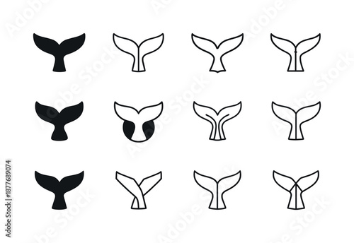 Marine Mammal Icons. Marine mammals. Icon set. Set Logo of Marine mammals: whale tail fluke. harmonious logo variations of the same emblematic concept, each