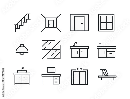 Building Interior Icons. Building interiors. Line icon set of Building interiors: staircase, hallway, door, window, ceiling lamp, floor tiles, kitchen counter,