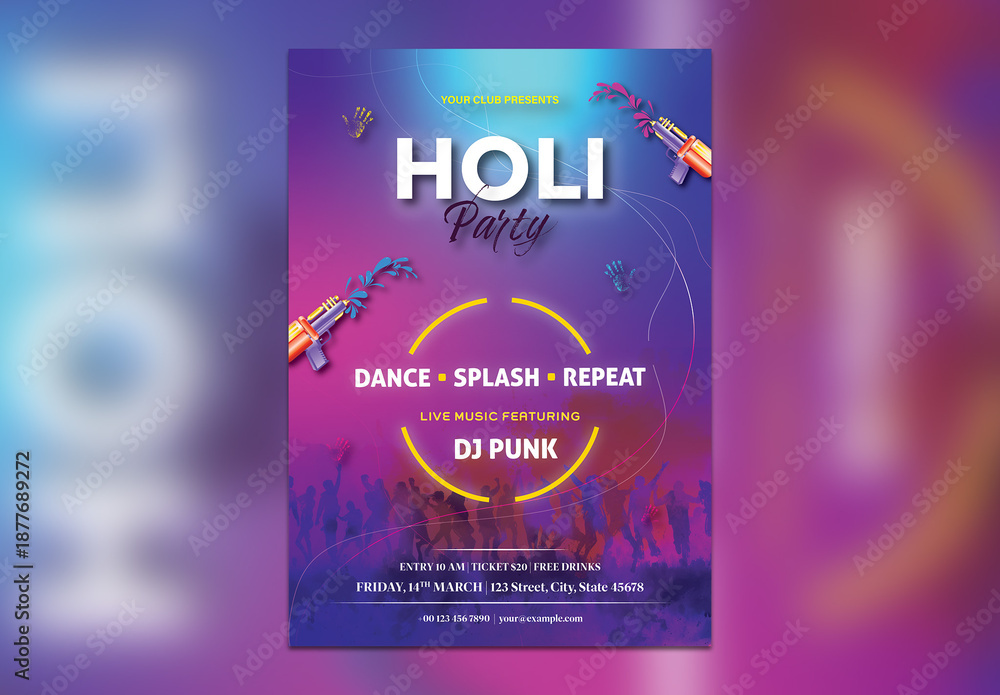 Editable Holi Party Flyer Design with Event Details and People Dancing ...