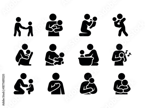 Parent-Baby Icon Set. Parent?baby bonding. Solid icon set of parent?baby bonding: holding hands, feeding moment, cuddling arms, lifting baby, rocking motion,