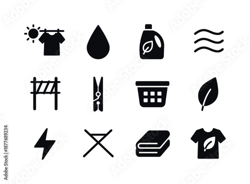 Sustainable Laundry Icons. Sustainable laundry. Solid icon set of Sustainable laundry: sun drying, water droplet, eco detergent, natural airflow, bamboo rack,