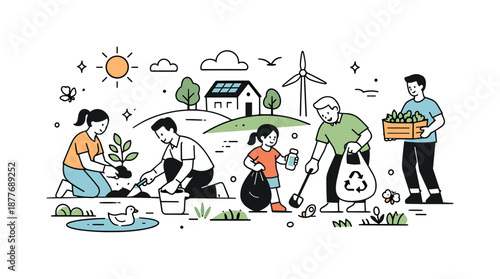 Eco-Friendly Community Spirit. Sustainable spring community. A calm scene with people working together outdoors, planting or cleaning, symbolizing shared