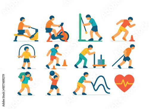 Colorful Workout Icons. Conditioning Workouts. Colorful flat vector icons set of conditioning workouts: rower pull, bike pedal motion, ski erg stroke, shuttle