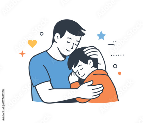 Comforting Fatherly Embrace. Father and child support. A father comforting a child with a gentle gesture. Feeling of trust, care, and emotional safety.