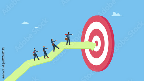 Business people coworkers walking up arrow to reach target. Team target or achievement, teamwork or leadership to lead to achieve goal, business direction or success, career path or growth.