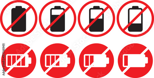 Battery Icon with forbidden sign. No charging symbols. Forbidden energy icons. Power cell restriction graphic design. Battery prohibited signs.  No Charging Icon Silhouette black. Power cell