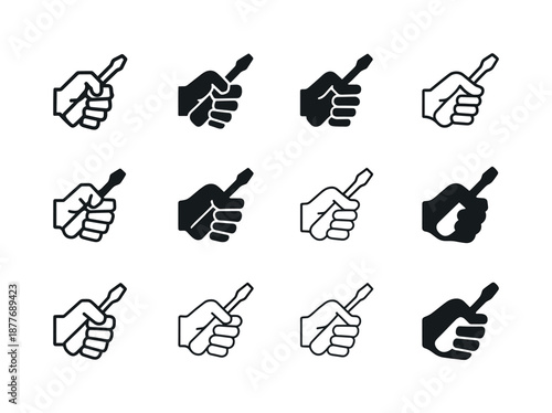 Hands-On Logo Set. Hands-on job. Icon set. Set Logo of hands-on job: screwdriver. harmonious logo variations: Abstract geometric, Flat solid, Minimal outline,