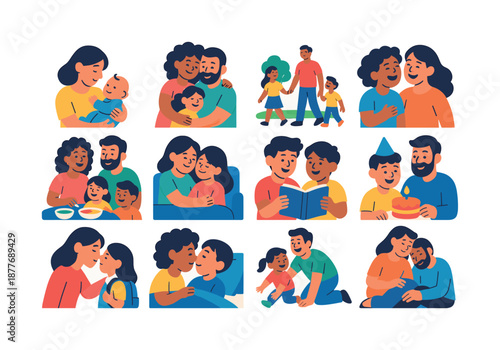 Family Icon Moments. Family moments. Colorful flat vector icons set of family moments: holding baby, group hug, walk in the park, laugh together, shared meal,