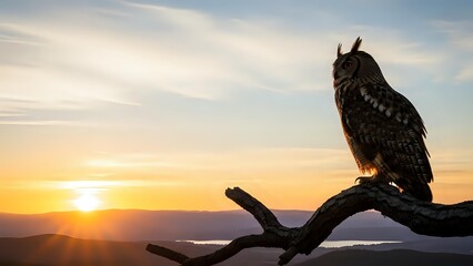 Majestic eagle owl perched on weathered branch against golden sunset sky with mountain silhouettes creating dramatic wildlife scene for nature photography projects.
