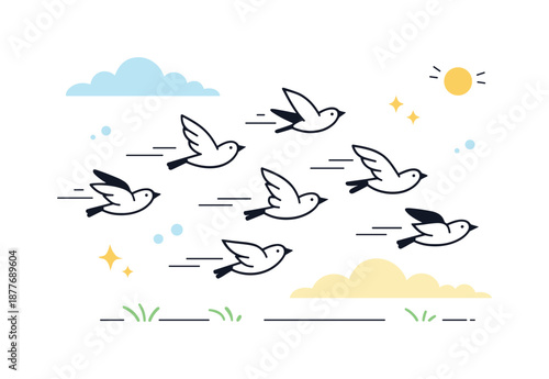 Spring Birds in Flight. Returning birds spring scene. Simple birds in flight with soft motion lines and abstract clouds, expressing movement and change of