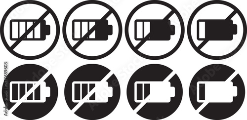 Battery Icon with forbidden sign. No charging symbols. Forbidden energy icons. Power cell restriction graphic design. Battery prohibited signs.  No Charging Icon Silhouette black. Power cell