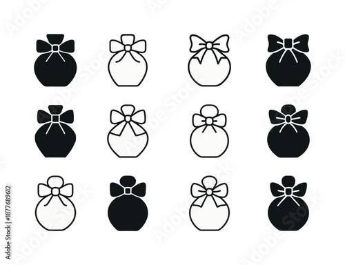 Perfume Icon Diversity. Perfume bottle. Icon set. Set Logo of Perfume bottle: decorative bow-tied bottle. harmonious logo variations of the same emblematic