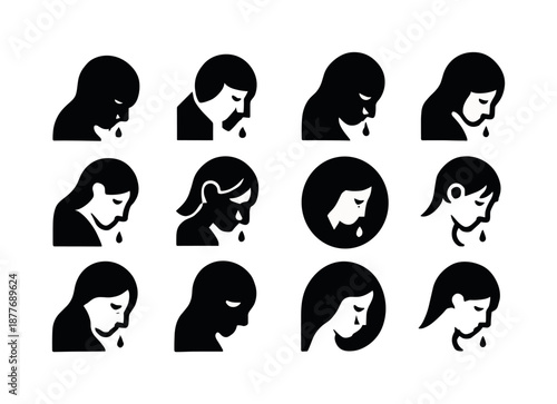 Crying Shadow Icons. Crying alone in darkness. Icon set. Set Logo of crying alone in darkness: shadowed face outline. harmonious logo variations of the same