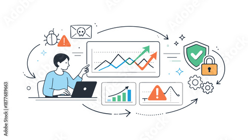 Cyber Threat Tracking. Risk monitoring and mitigation. Analyst tracking cyber threats over time with charts and protective symbols, sense of control and