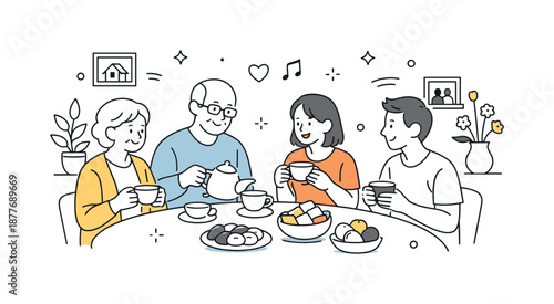 Family Tea Gathering. Visiting relatives tea time. Family members gathered around a table with tea and snacks, cozy atmosphere and unhurried togetherness.