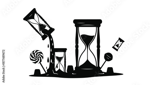 Melting hourglasses and swirling lollipops symbolize the passage and sweetness of time.