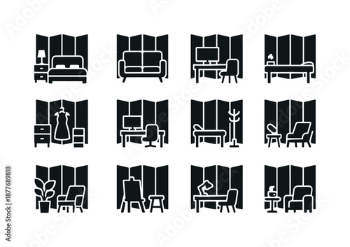 Folding Screen Icons. Folding screen environments. Solid icon set of folding screen environments: bedroom layout, living room layout, studio room, dressing