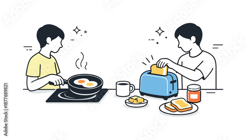Peaceful Breakfast Routine. Making breakfast routine. Person frying eggs and preparing toast, focused movements and peaceful morning rhythm. Minimalist flat
