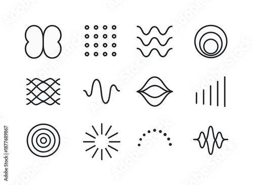 Sound Wave Icons. Abstract shapes and colors representing sound. Line icon set of abstract shapes and colors representing sound: resonance loop pair,