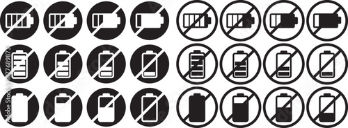 Battery Icon with forbidden sign. No charging symbols. Forbidden energy icons. Power cell restriction graphic design. Battery prohibited signs.  No Charging Icon Silhouette black. Power cell