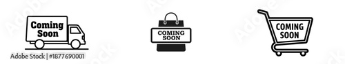 Coming soon signs for delivery truck, briefcase, and shopping cart  