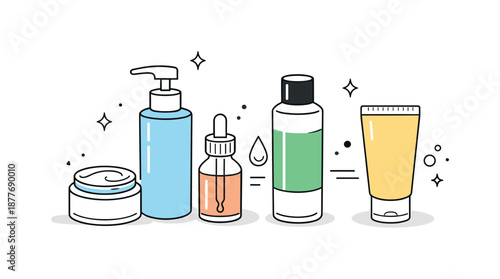 Minimalist Skincare Essentials. Skincare routine essentials. A serene composition of skincare bottles, droppers and face cream tubes placed in order,