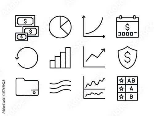 Fixed Income Icons. Fixed Income Portfolio. Line icon set of Fixed Income Portfolio: diversified bonds, asset allocation pie, risk-return chart, coupon