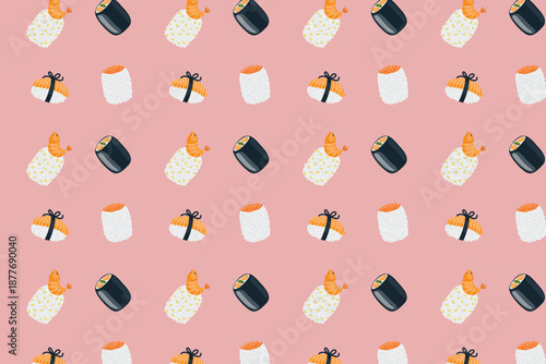 Seamless sushi pattern, cute food illustration, swatch available in swatches panel, repeating sushi background