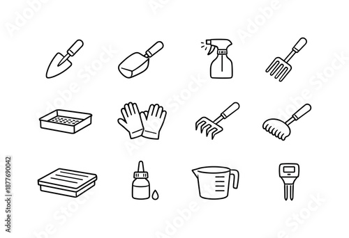 Worm Tools Icon Set. Worms. Line icon set of worm-related tools: trowel, soil scoop, moisture sprayer, compost fork, sifter tray, garden gloves, small rake,