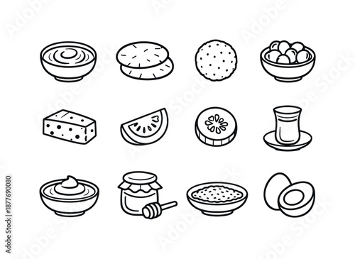 Middle Eastern Breakfast Icons. Middle Eastern breakfast. Line icon set of middle eastern breakfast: hummus bowl, pita bread, falafel ball, olives bowl, feta