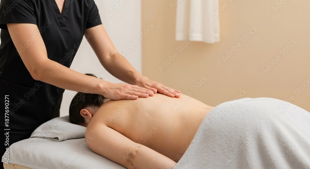 Fototapeta premium Woman receiving a relaxing back massage from a professional female masseuse. Wellness and spa treatment for body care and stress relief.