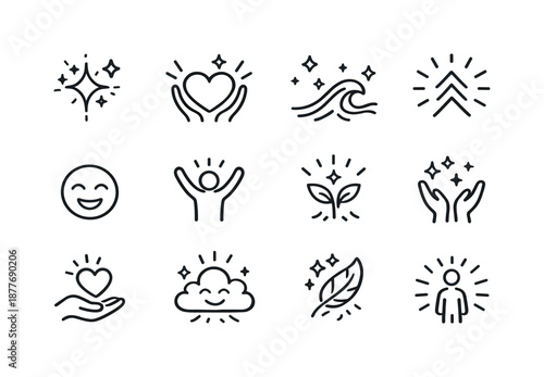 Uplifting Emotion Icons. Uplifting Emotions. Line icon set of Uplifting Emotions: joy spark, lifted heart, positive wave, rising energy, beaming smile,