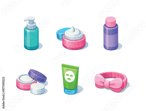 Beauty Routine Icons. Beauty Routine. Isometric flat vector icons set of Beauty Routine: face cleanser bottle, moisturizer cream jar, facial toner bottle,