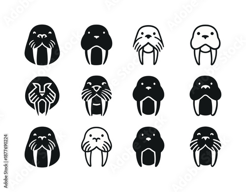 Marine Mammal Logos. Marine mammals. Icon set. Set Logo of Marine mammals: walrus tusks front view. harmonious logo variations of the same emblematic concept,