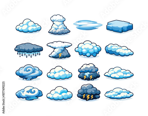 Colorful Cloud Icons Grid. cloud formations. Colorful isometric vector icons set of cloud formations: cumulus puff, cumulonimbus tower, cirrostratus veil,