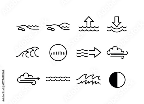 Tide and Surf Icons. Riptides. Line icon set of surf conditions: low tide mark, high tide mark, rising tide arrow, falling tide arrow, surf height icon, swell