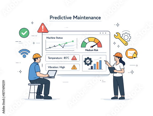 Predictive Maintenance Dashboard. Predictive maintenance overview. Engineers monitoring machine health on a digital dashboard with sensors and