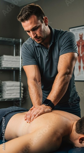 Physiotherapist man treating a patient's back. Therapist performing a back massage. Chiropractic session for pain relief. Rehabilitation concept.