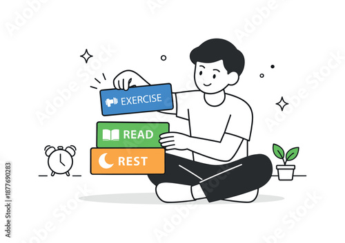Building Healthy Habits. Building healthy habits. A character stacking small routine blocks like reading, exercise, and rest, representing consistency. Calm,