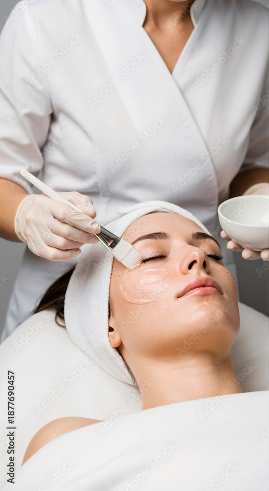 Naklejka premium Woman getting a facial mask applied by a cosmetologist. Beauty treatment at a spa. Skincare and aesthetic cosmetology concept.
