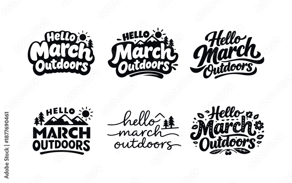 Fototapeta premium March Lettering Variations. Hello March Outdoors. Set lettering. harmonious lettering variations of the same emblematic concept, each with different artistic