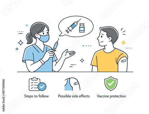 Friendly Vaccination Briefing. Vaccination moment preparation. Healthcare worker explaining the procedure before vaccination, clear communication and