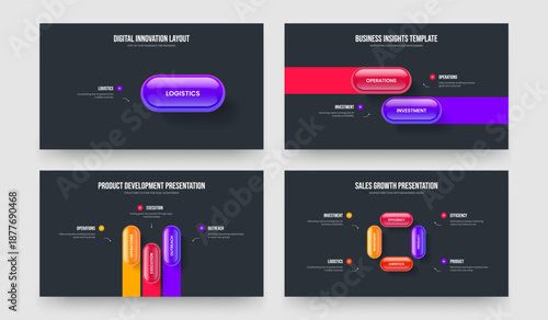 Creative Forecast 1 2 3 4 Option Infographic Slide Layout Collection. Financial Performance One Two Three Four Element Diagram Presentation Design Vector Illustration Bundle.