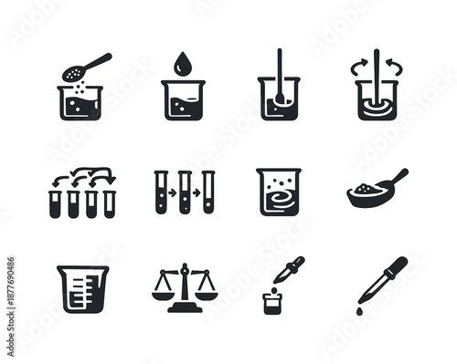 Solution Preparation Icons. Solution preparation. Solid icon set of Solution preparation: solute spoon, solvent droplet, mixing rod, stirring icon, dilution