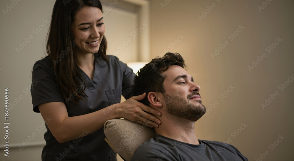 Fototapeta premium Woman masseuse massaging man neck. Physical therapist working on patient therapy session. Health and wellness concept for natural alternative treatment.