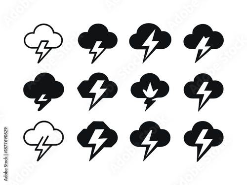 Stormy Clouds Icon Set. stormy clouds. Icon set. Set Logo of stormy clouds: thundercloud. harmonious logo variations of the same emblematic concept, each with