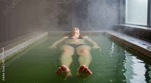 Young woman relaxing in hot spring bath with steaming water. Spa treatment and wellness concept for relaxation and geothermal therapy.
