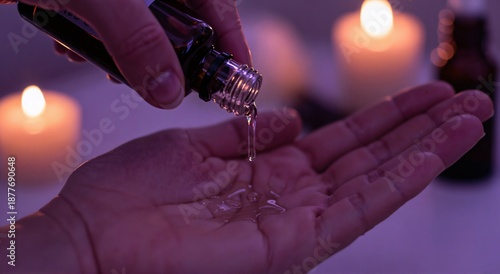 Woman dropping essential oil from a bottle onto her palm. Aromatherapy treatment and natural skincare concept for relaxation and wellness.