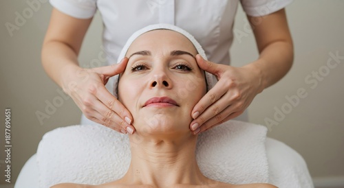 Woman receiving facial massage. Cosmetologist performing beauty treatment. Anti aging skincare procedure. Beauty salon and spa concept.